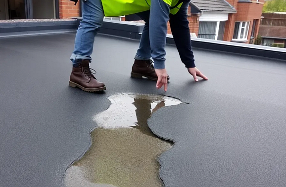 Roofer inspecting flat roof leak and water damage in UK