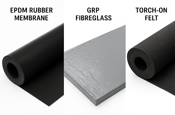 Comparison of EPDM rubber, GRP fibreglass and felt flat roofing materials showing cost and quality differences