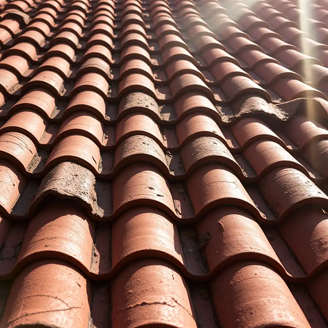Close-up view of traditional clay roof tiles with natural texture.