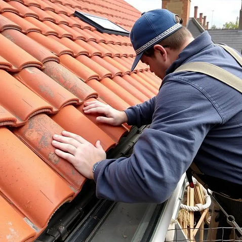 Roofer installing clay tiles on a pitched roof.