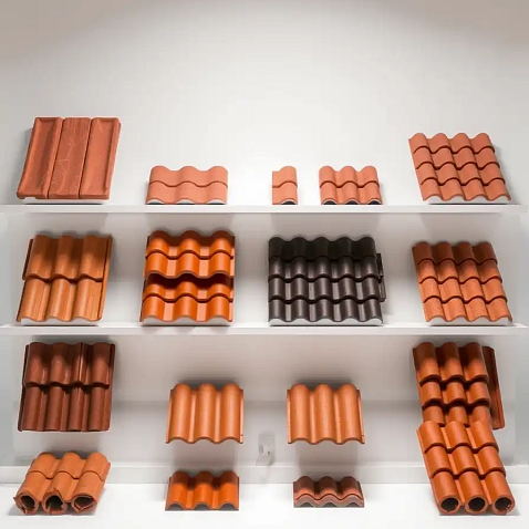 Different types of clay roof tiles including plain, interlocking, and barrel profiles.