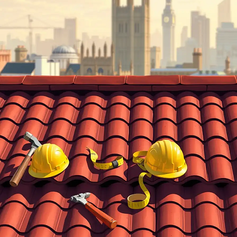 Professional clay tile roof with roofing tools and London skyline in the background representing Knights Roofing expertise.