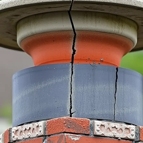Severely cracked chimney crown with deep fissures requiring professional repair