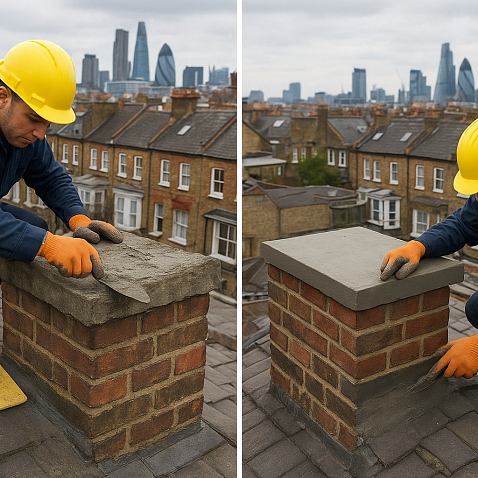 Professional chimney crown repair work in progress showing waterproofing application