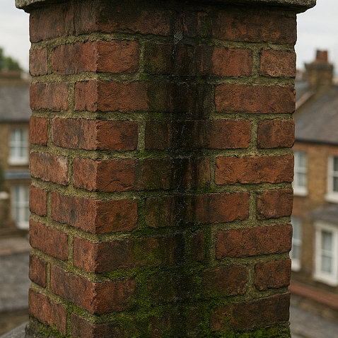 Water damage on chimney brickwork caused by failed crown leak